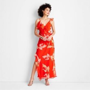 Future Collective Floral Red Chiffon Ruffle Slip Maxi Dress NWT L